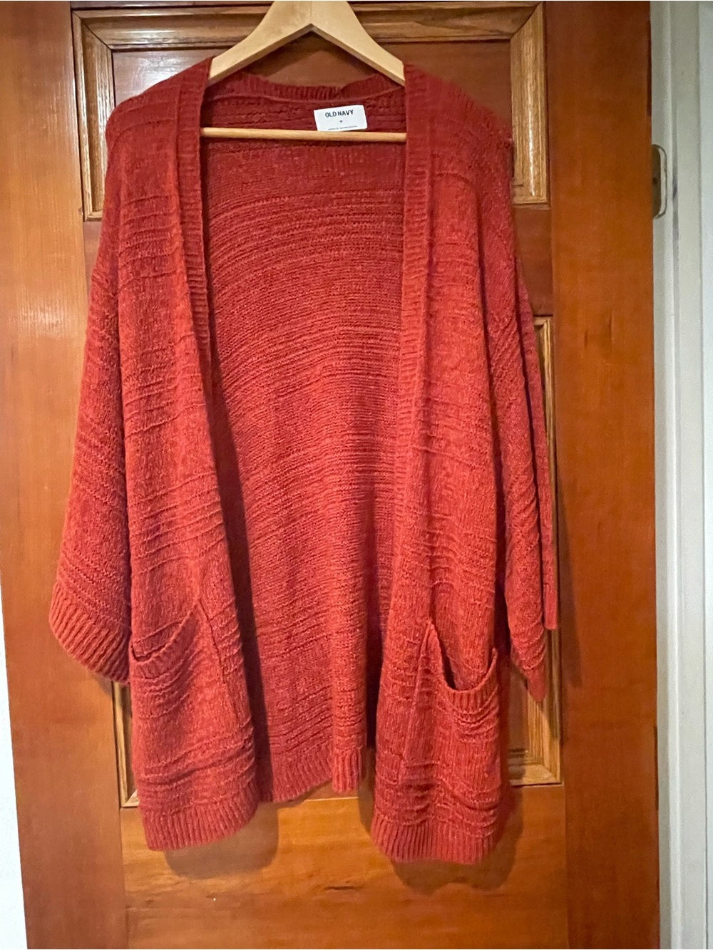 Old Navy Textured 3/4 Sleeve Open Front Cardigan Sweater Red With Pockets M EUC